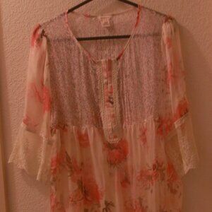NWOTS, SUNDANCE, SIZE L, 100% SILK, SHEER/LACE, BEIGE/FLORAL, 3/4 SLEEVE BLOUSE
